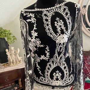 Elegant Black and White Lace Women Top